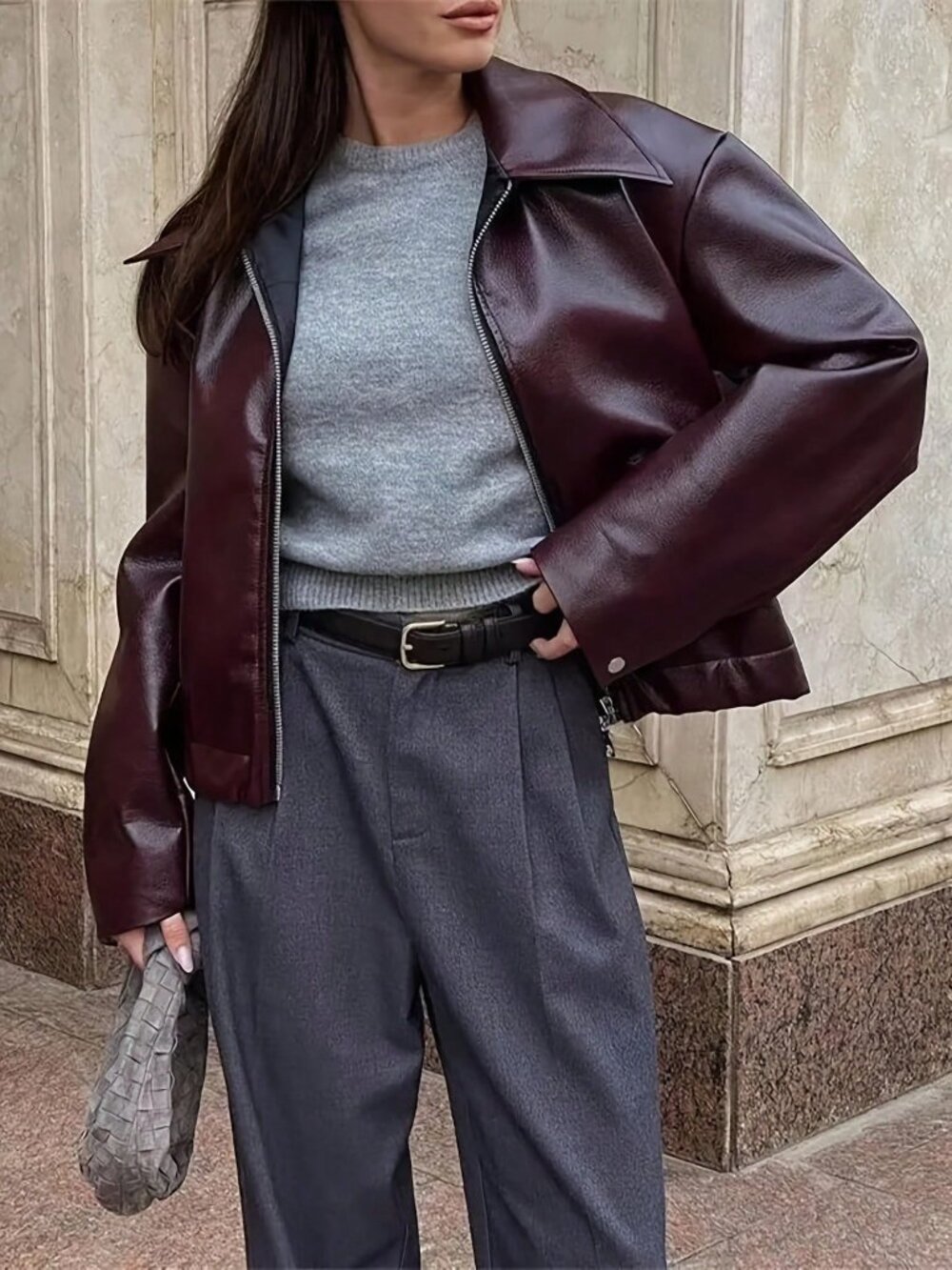 Burgundy Casual Women's Plus-Size Drop Shoulder Colorblock Biker Jacket